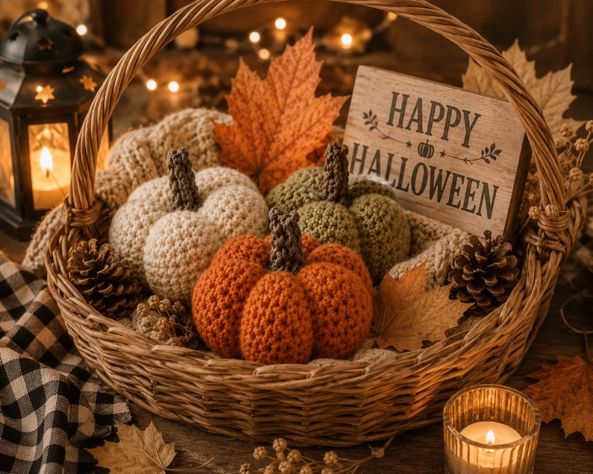 Crochet pumpkins in a wicker basket with autumn leaves, pinecones and a Happy Halloween sign
