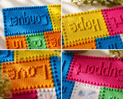 Close-up detail of crochet cancer support blanket motifs with textured lettering and ribbon squares