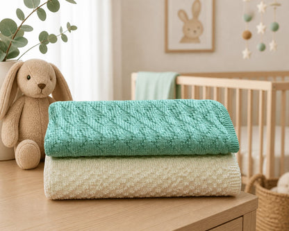 Crossing Lines and Ladders baby blanket knitting pattern bundle styled in a cosy nursery