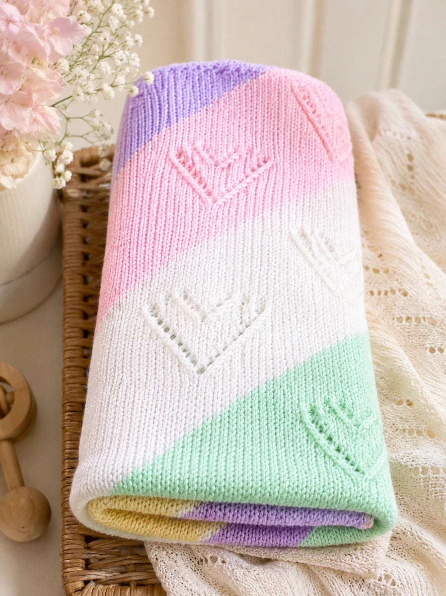 Folded pastel diagonal lace baby blanket knitting pattern with heart motifs displayed in a soft nursery scene with flowers, woven tray and cosy neutral styling