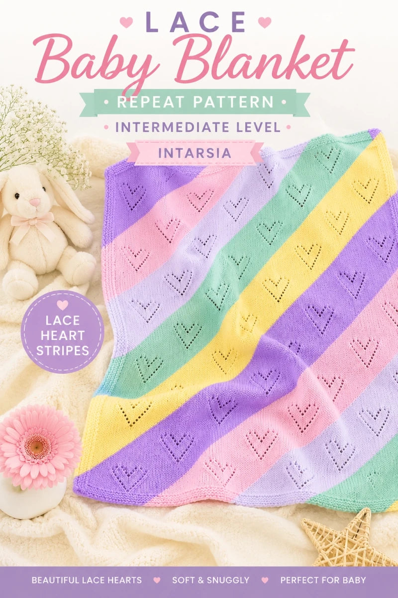 Pinterest image of pastel diagonal lace heart baby blanket knitting pattern with repeat design, intarsia knitting, and intermediate lace texture