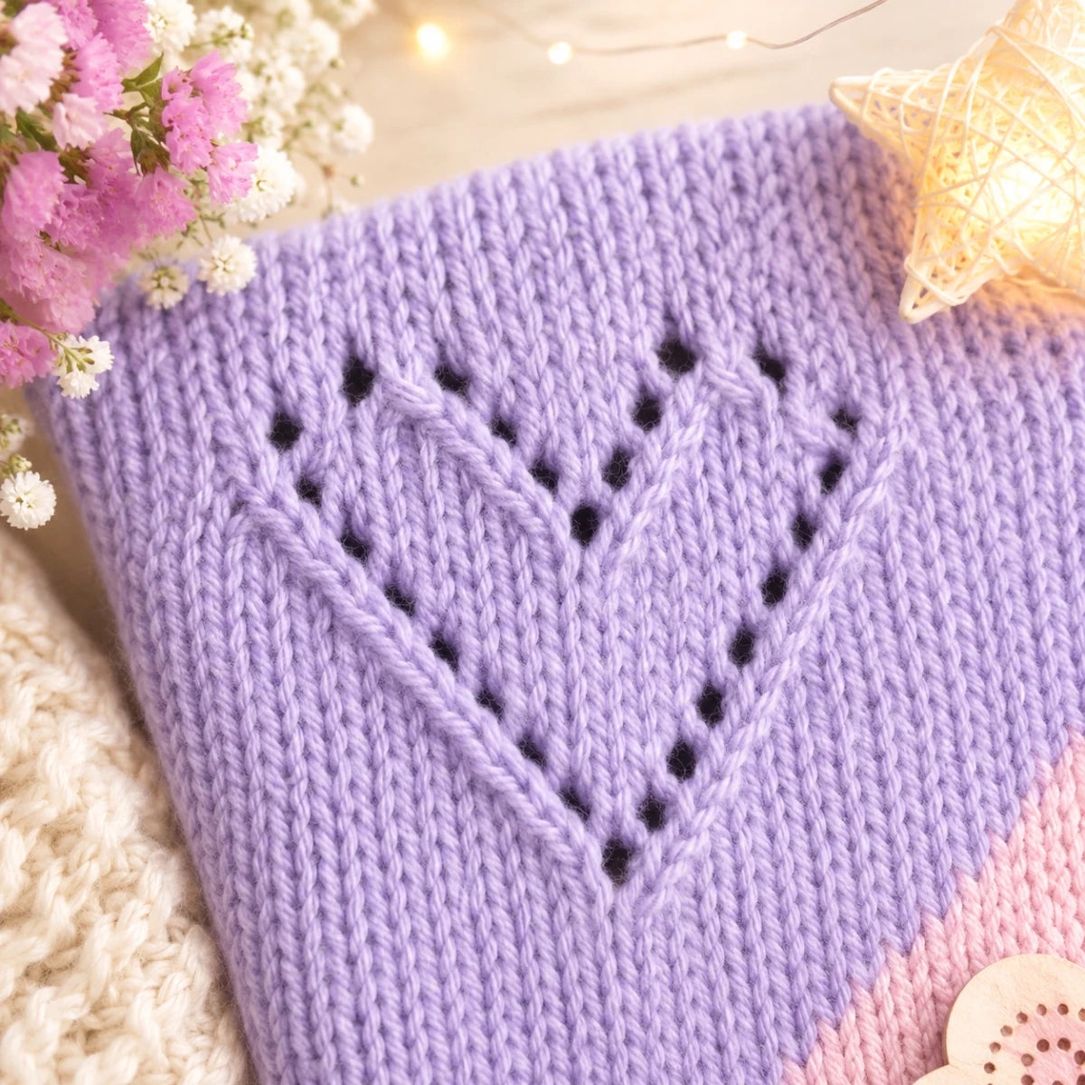 Close up of pastel purple diagonal lace heart stitch knitting pattern with soft nursery styling, fairy lights and floral details for baby blanket inspiration