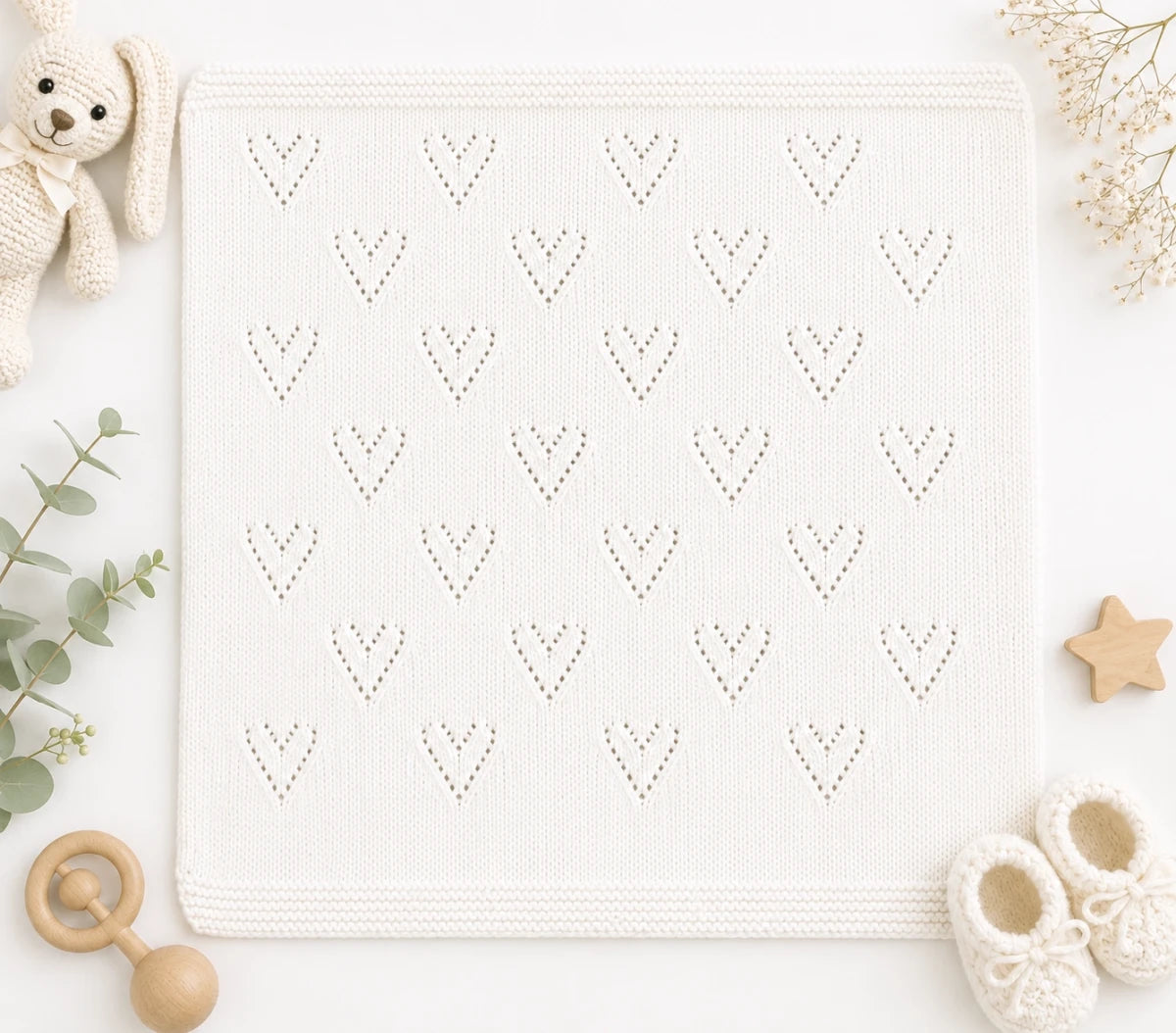 White knitted baby blanket with delicate heart lace motifs and garter stitch border displayed in a soft neutral nursery flat lay scene with bunny toy and baby accessories.