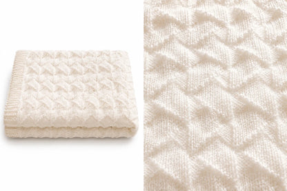 Easy Interlocking baby blanket knitting pattern shown folded beside close-up texture detail featuring soft raised geometric knit and purl stitch design on white background