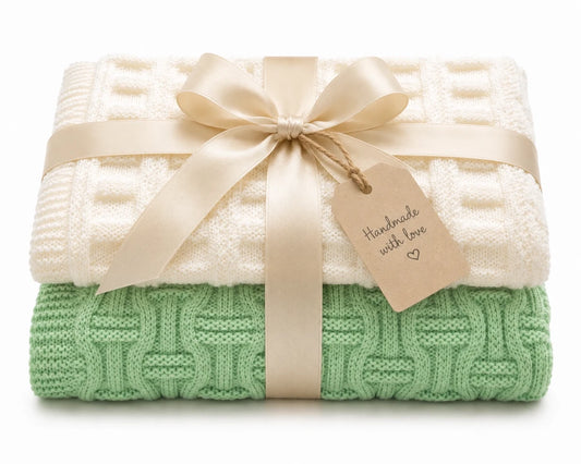 Gift wrapped baby blanket knitting pattern bundle featuring cream Framed Squares blanket and mint green Snuggles textured blanket with satin ribbon and handmade tag on soft white background