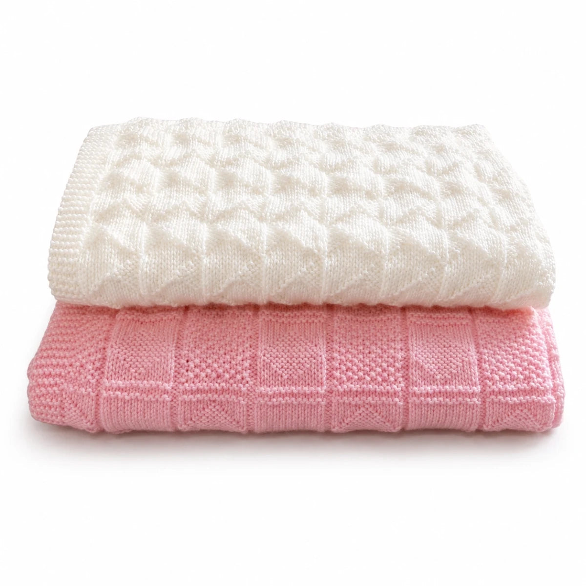 Interlocking and Diamond Squares baby blanket knitting pattern bundle in cream and pink