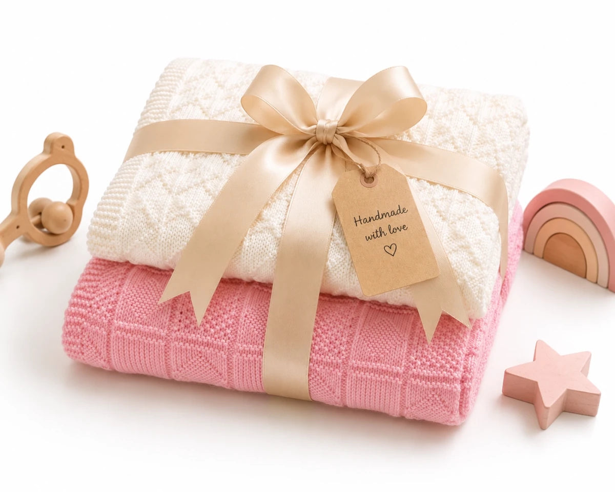 Gift wrapped baby blanket knitting pattern bundle featuring cream Interlocking blanket and pink Diamond Squares blanket with satin ribbon and baby nursery toys on white background