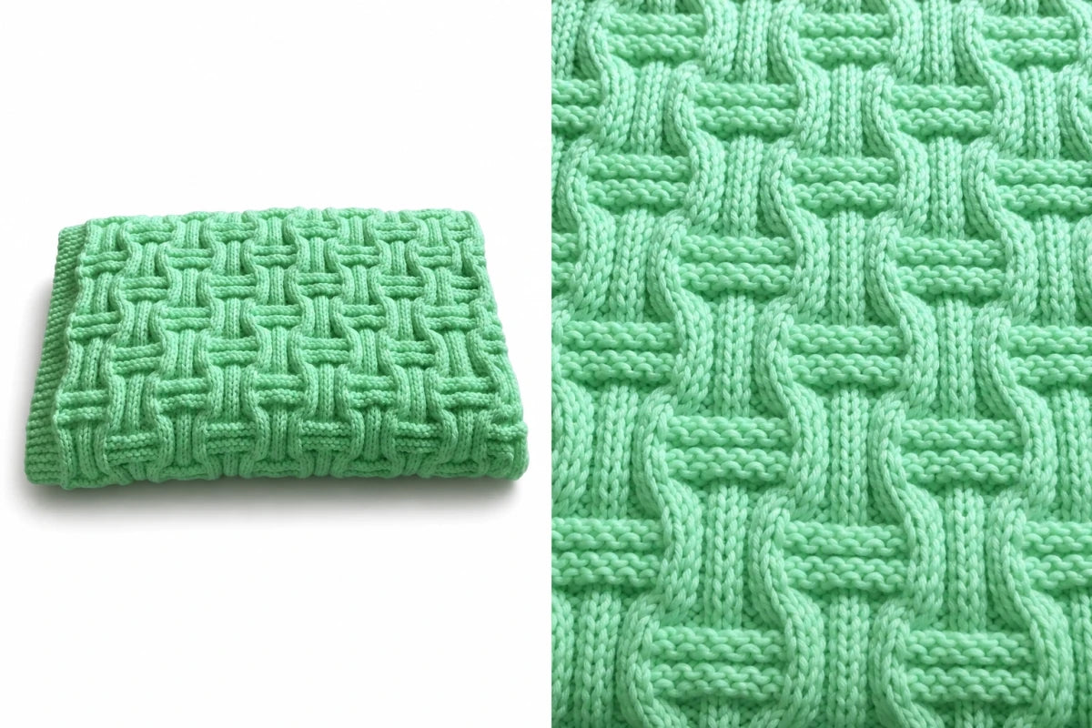 Close-up texture of mint green Snuggles baby blanket knitting pattern featuring soft woven knit and purl stitch detail with cosy garter stitch border