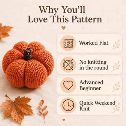 Orange knitted pumpkin showing worked-flat construction, advanced beginner level and quick weekend project features