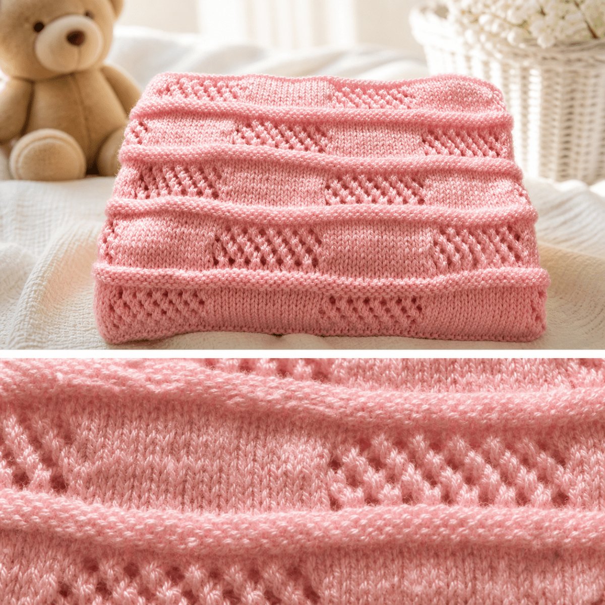 Close up of the pink easy lace baby blanket knitting pattern