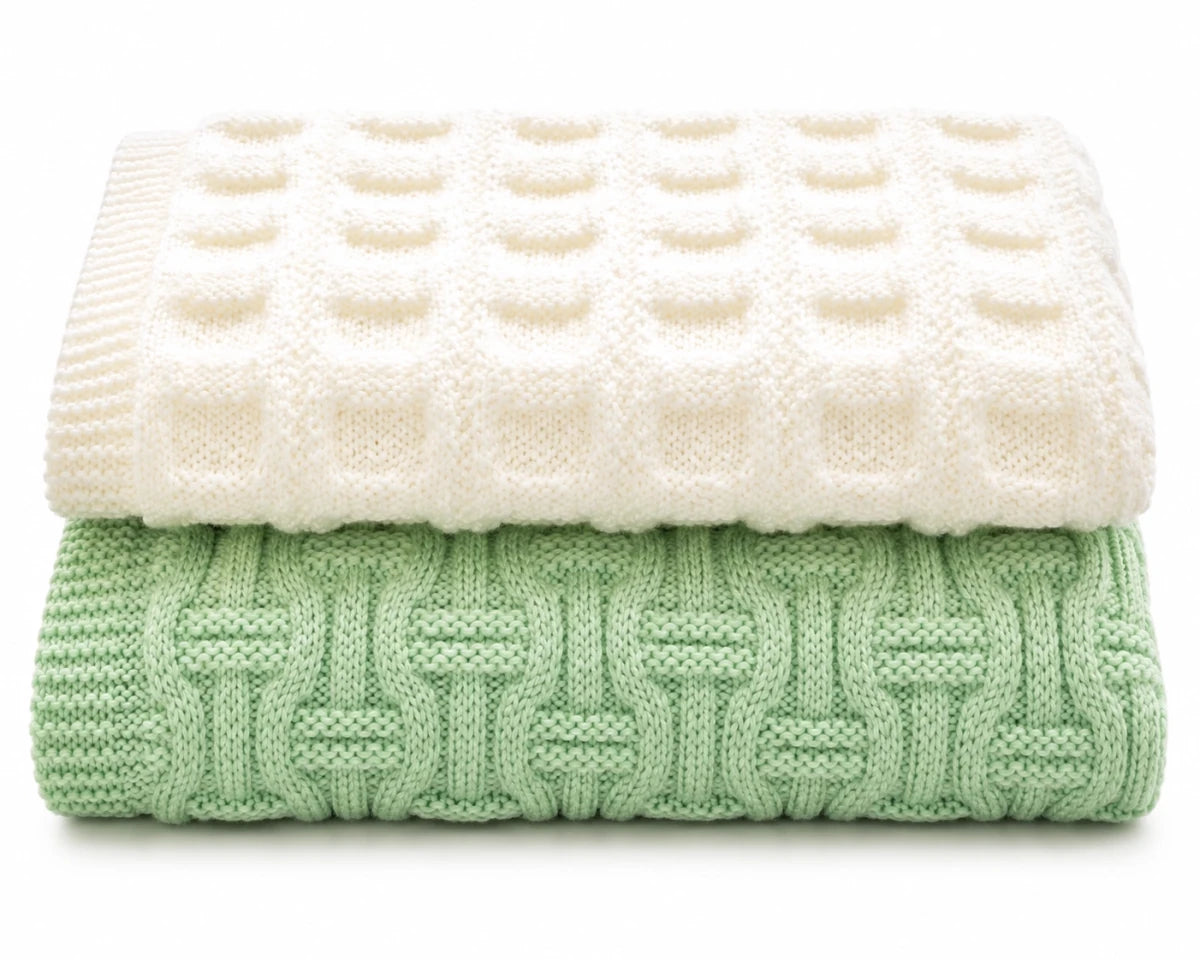 Framed Squares and Snuggles beginner baby blanket knitting pattern bundle in cream and mint green