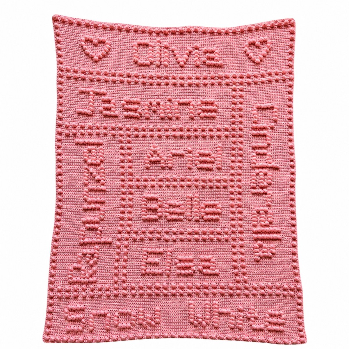 Fairytale themed crochet blanket with personalised with the name olivia puff stitch word panels