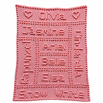 Fairytale themed crochet blanket with personalised with the name olivia puff stitch word panels