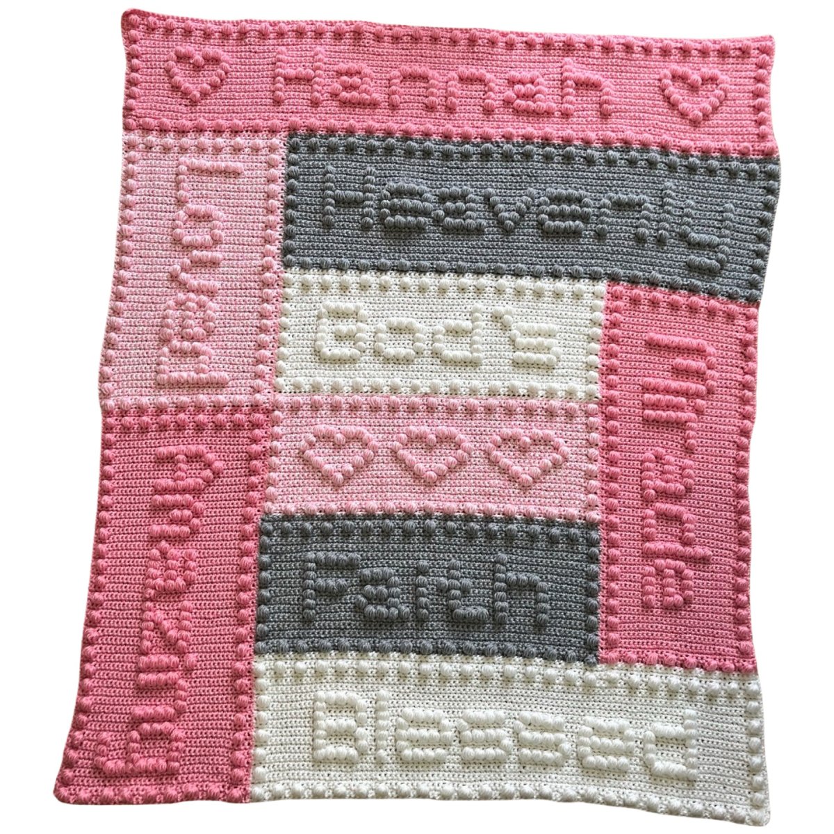 Personalised crochet blanket with faith family love and home puff stitch words