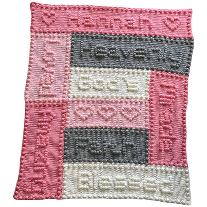 Personalised crochet blanket with faith family love and home puff stitch words