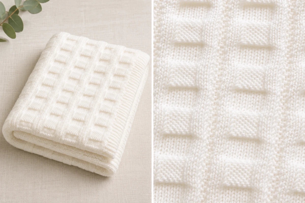 Close up texture detail of the Framed Squares baby blanket knitting pattern showing raised square stitch design and soft white garter stitch border