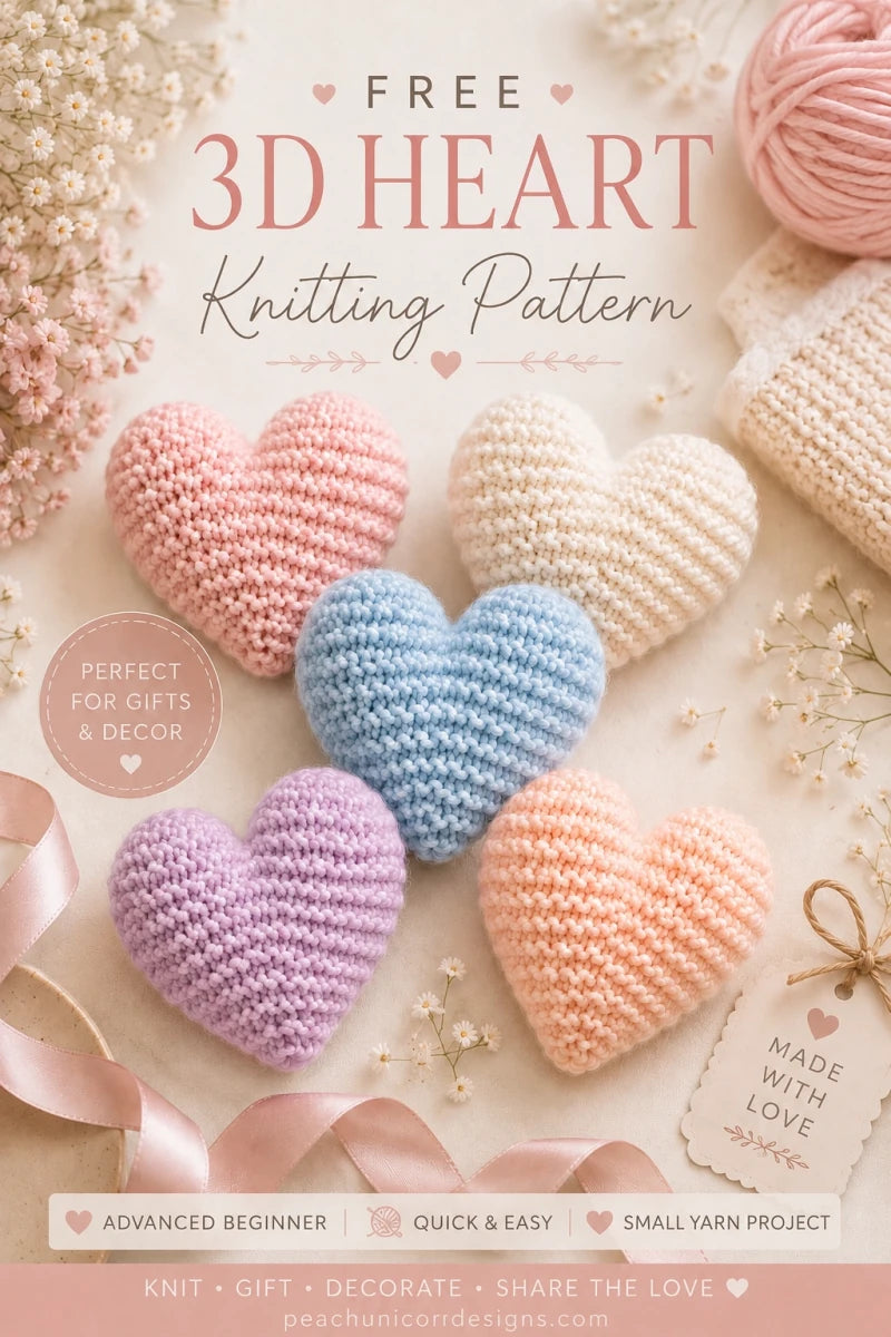 Free 3D heart knitting pattern for Advanced Beginners, worked flat on straight needles