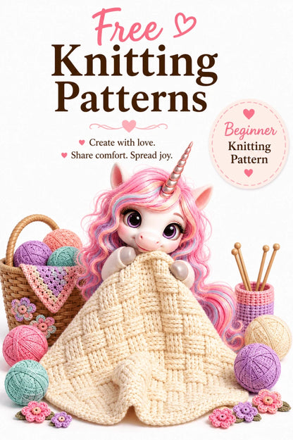 Peach Unicorn holding a cream basketweave baby blanket with repeating woven knit stitch texture promoting a free beginner knitting pattern with pastel yarn and knitting accessories on a soft white background