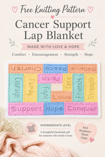 Pastel cancer support lap blanket knitting pattern Pinterest image with encouraging words blanket in soft peach, mint, pink, blue and yellow tones, free intermediate knitting pattern by Peach Unicorn Designs
