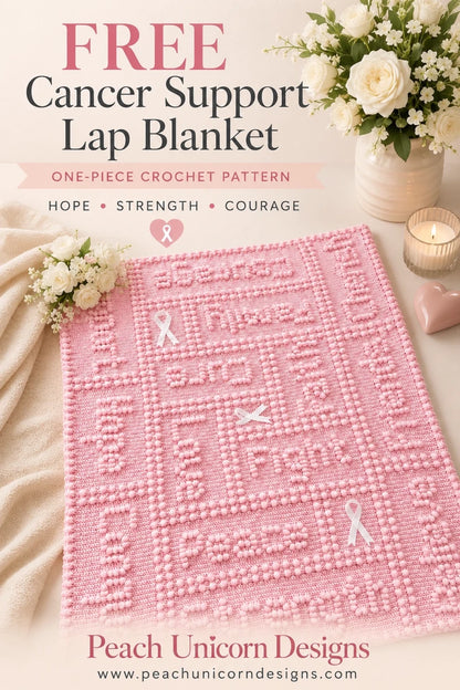 Free Cancer Support One-Piece Crochet Lap Blanket Pattern Pinterest Image with Hope Strength and Courage Theme