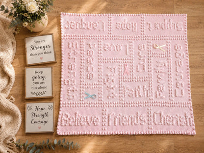 Free Cancer Support One-Piece Crochet Lap Blanket Pattern with Inspirational Messages and Cosy Support Scene
