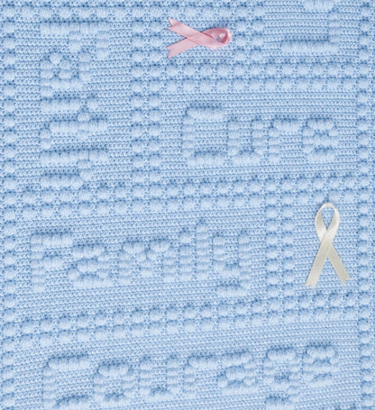 Texture Close-Up of Free Cancer Support One-Piece Crochet Lap Blanket Pattern in Soft Blue with Family and Strength Wording