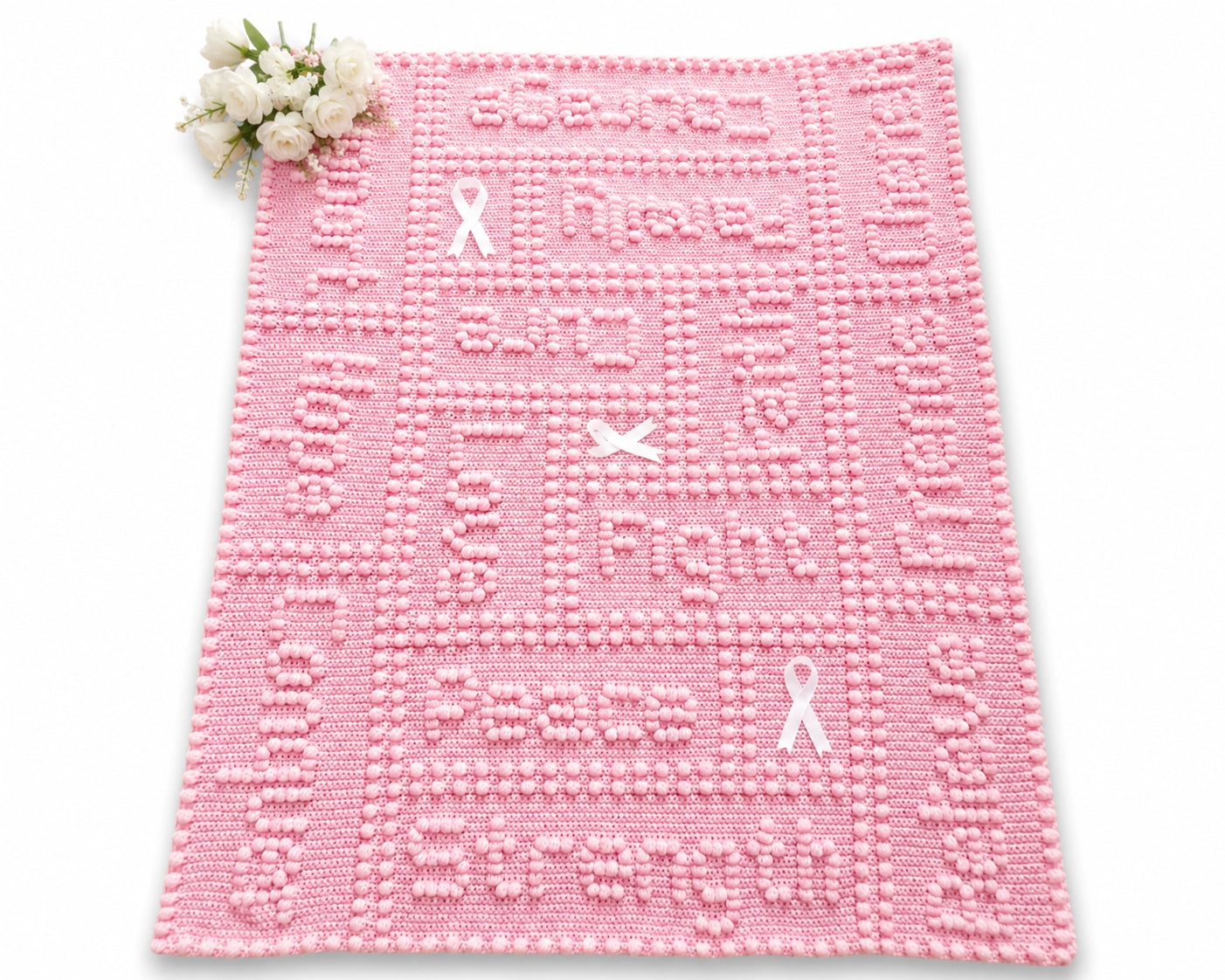 Free Cancer Support One-Piece Crochet Lap Blanket Pattern in Soft Pink with White Flowers