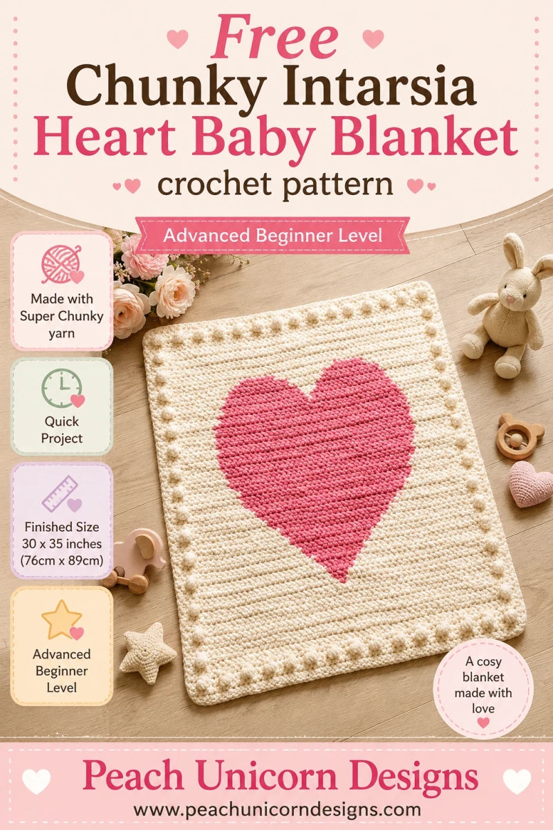 Pinterest graphic for the free Chunky Intarsia Heart Baby Blanket crochet pattern featuring the blanket, advanced beginner level, super chunky yarn, quick project, and finished size of 30 x 35 inche
