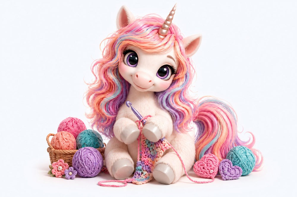 Peach the Unicorn crocheting with yarn and a crochet hook