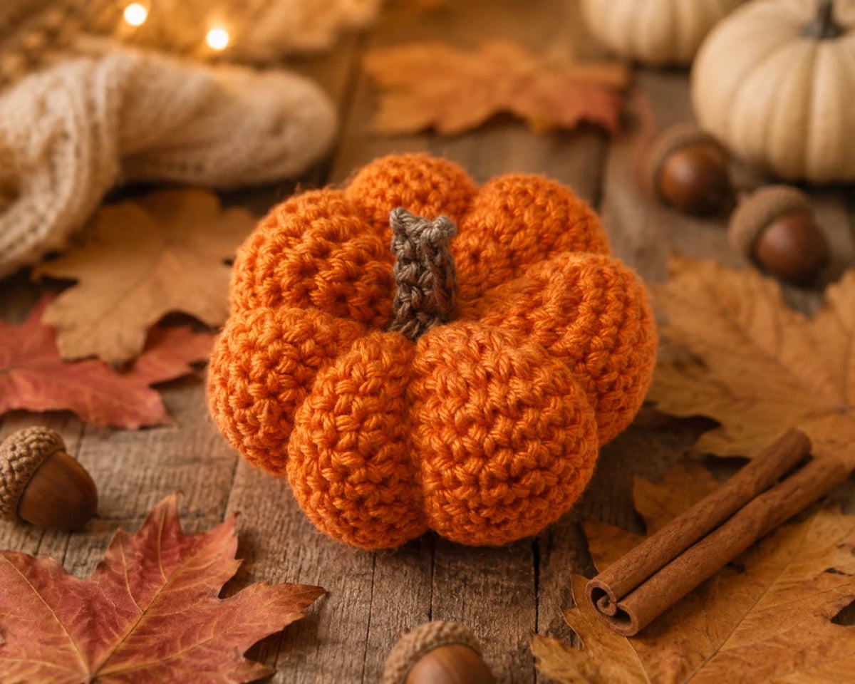 Handmade crochet pumpkin on a rustic wooden table with fallen leaves, acorns and cinnamon sticks