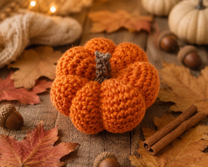 Handmade crochet pumpkin on a rustic wooden table with fallen leaves, acorns and cinnamon sticks