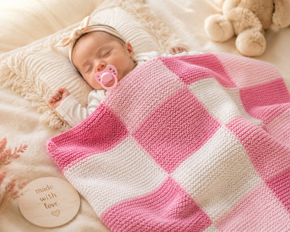 Baby wrapped in a soft pink gingham knitted blanket using the Free Gingham Baby Blanket knitting pattern