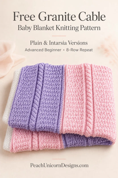 Pinterest image for a free lilac and pink baby blanket knitting pattern with cable and textured stitches, folded handmade blanket in soft pastel nursery styling, ideal first intarsia and cable blanket pattern for advanced beginners by Peach Unicorn Designs