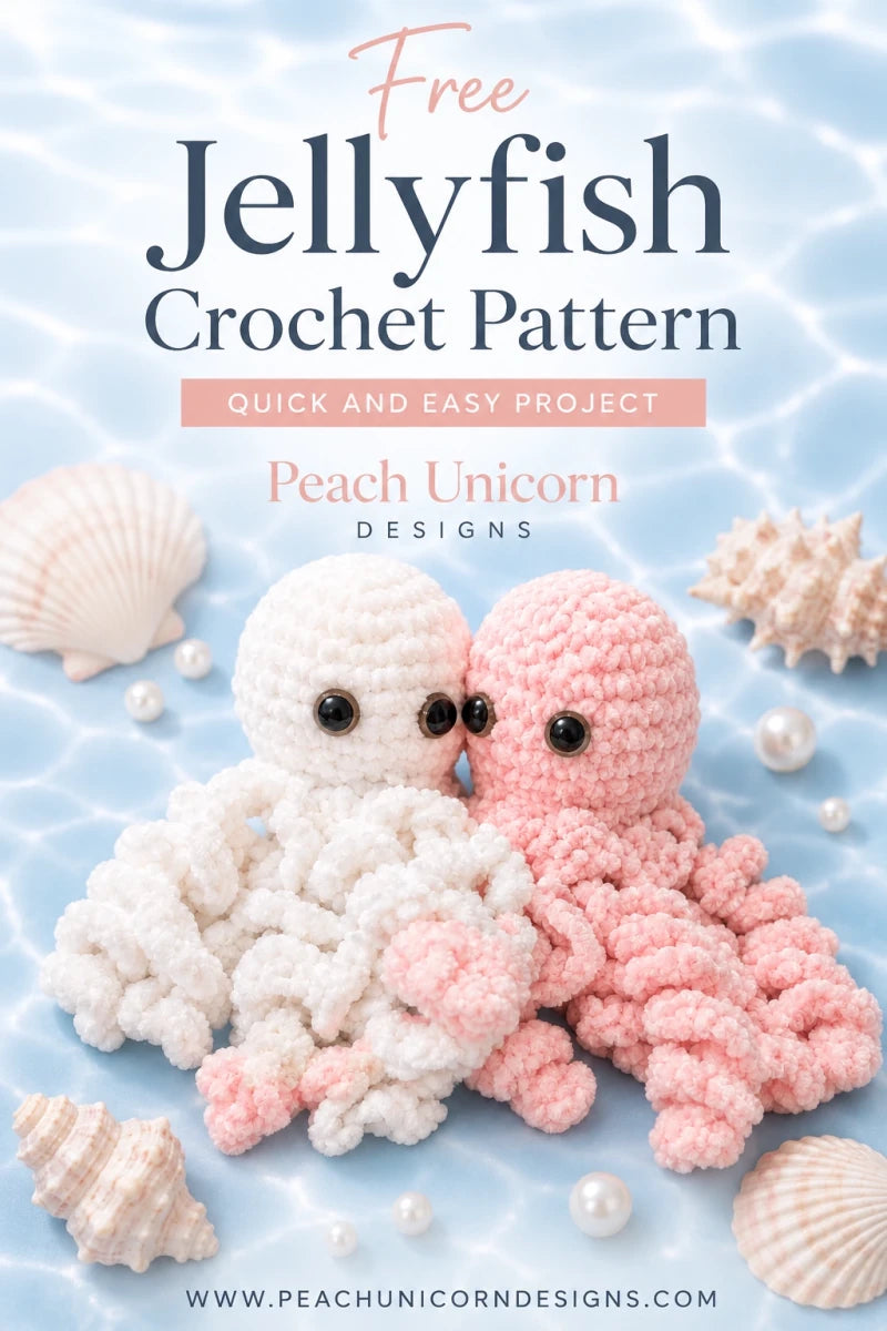 Free jellyfish crochet pattern Pinterest graphic featuring soft plush jellyfish and coastal-inspired styling