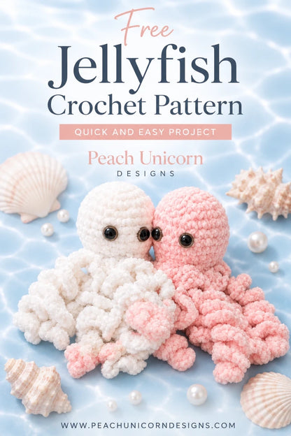 Free jellyfish crochet pattern Pinterest graphic featuring soft plush jellyfish and coastal-inspired styling