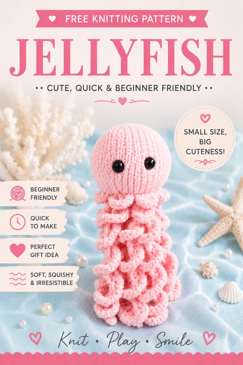 Cute pink knitted jellyfish amigurumi on a pastel ocean background with seashells and beginner-friendly free knitting pattern text.