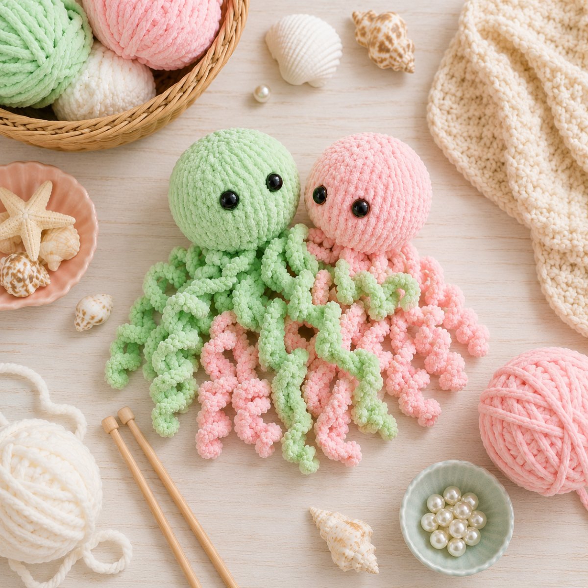 Two knitted jellyfish toys in pink and green on a light wooden surface with yarn and knitting tools.