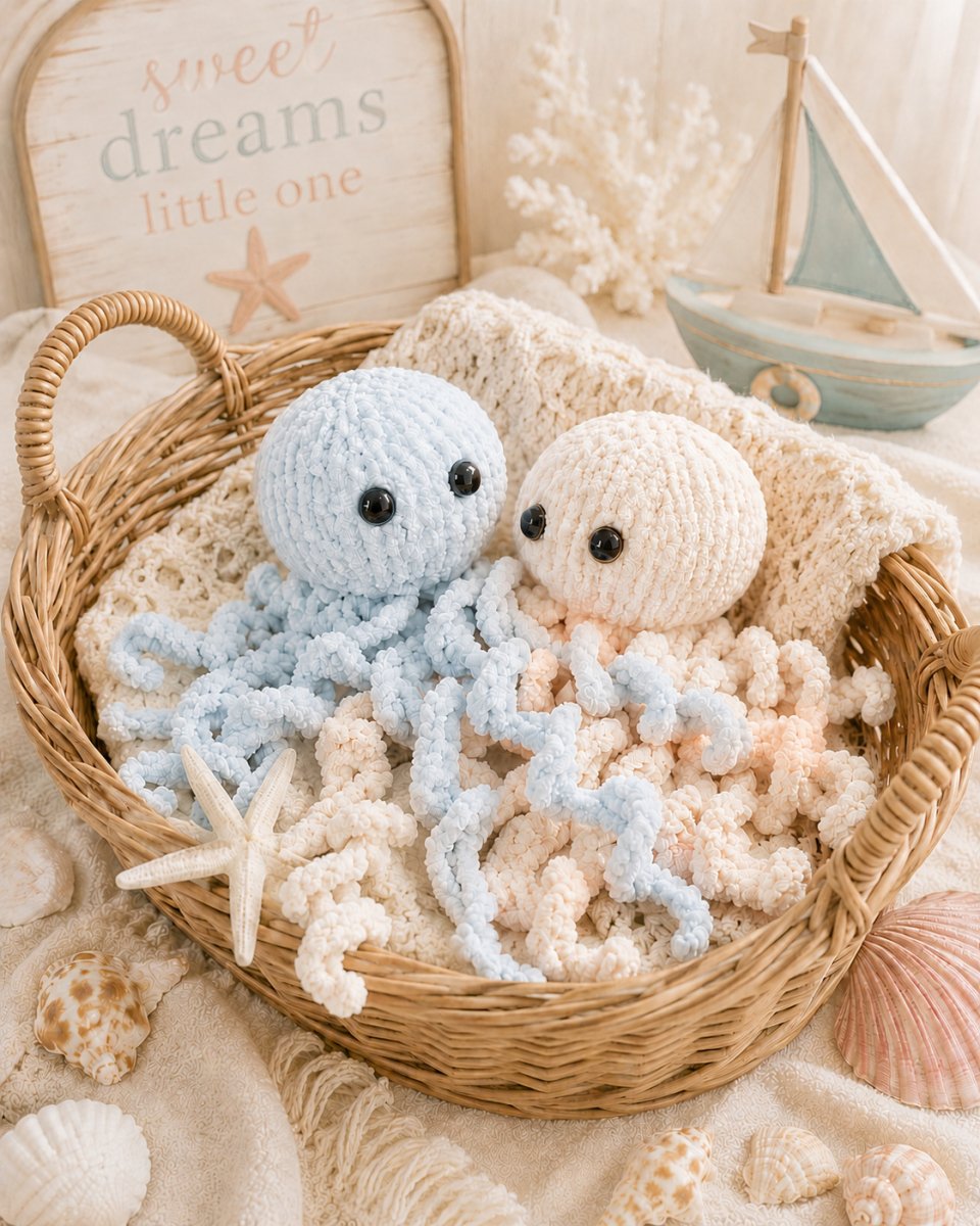 Pastel baby blue and peach jellyfish knitting pattern displayed in a wicker basket with seashell coastal nursery styling
