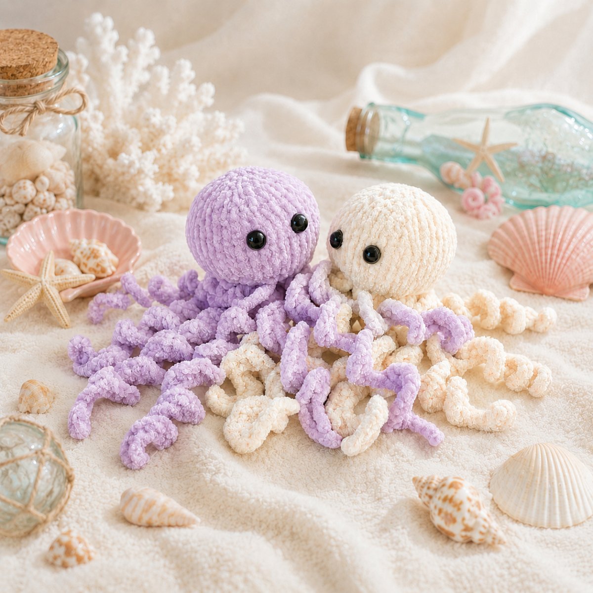 Pastel lilac and cream jellyfish soft toy knitting pattern in a cozy ocean-inspired seashell scene