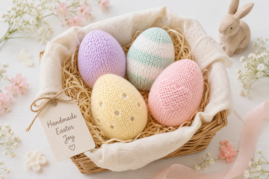 Pastel knitted Easter eggs in a wicker basket with spring flowers and bunny decoration from a free Easter knitting pattern bundle by Peach Unicorn Designs