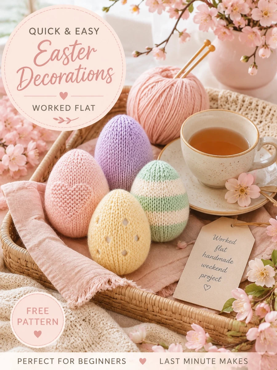 Pastel knitted Easter eggs beside tea and yarn in a cosy spring flat lay scene with blossom flowers and soft pink styling for a free worked flat knitting pattern.