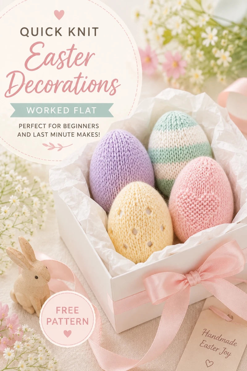 Pastel knitted Easter eggs in a white gift box with satin ribbon and spring flowers.