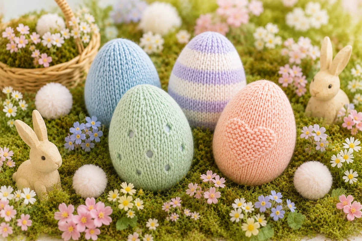 Pastel knitted Easter eggs in a spring garden egg-hunt scene with moss, tiny flowers and wooden bunny decorations.