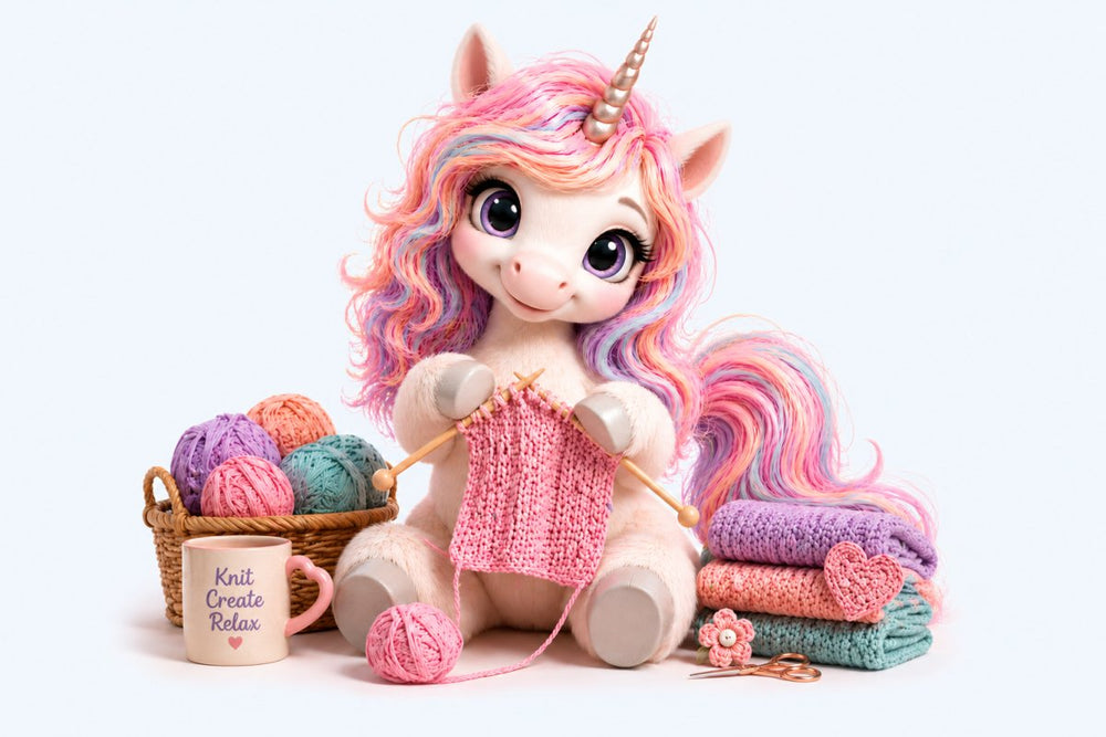 Peach the Unicorn knitting with yarn and needles