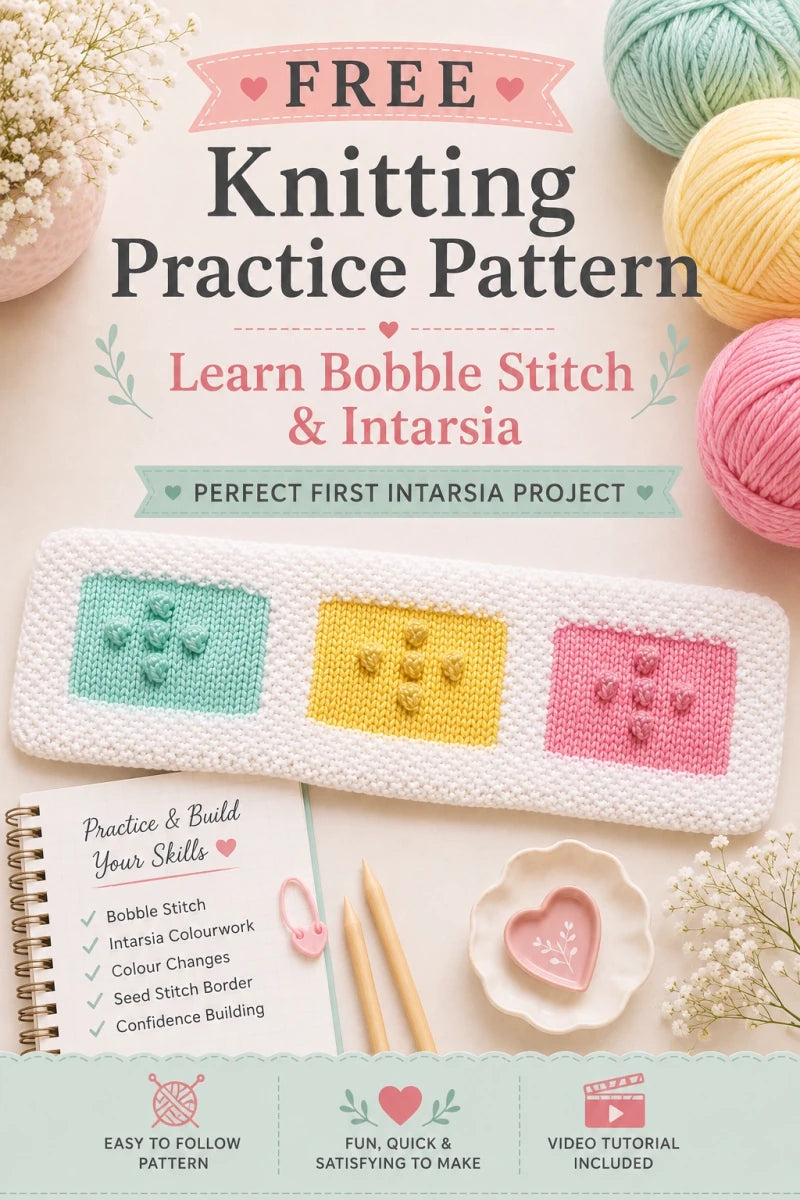 Pinterest image for free knitting practice pattern featuring bobble stitch and intarsia sample squares with seed stitch border, pastel yarn styling, and included video tutorial for beginner intarsia practice.