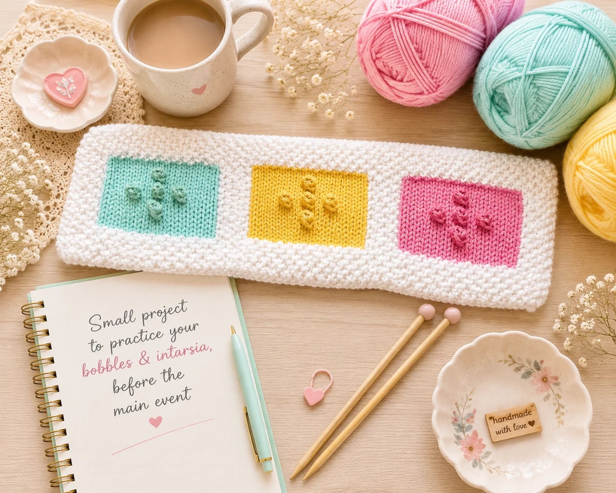 Free intarsia and bobble stitch knitting practice pattern displayed with pastel yarn, knitting needles and learning notes