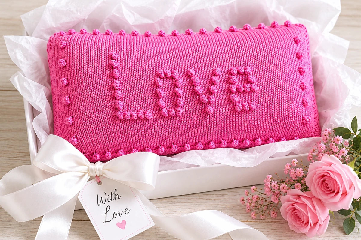 Pink Love Pillow knitting pattern displayed in a white gift box with tissue paper, ribbon, pink flowers and a With Love gift tag