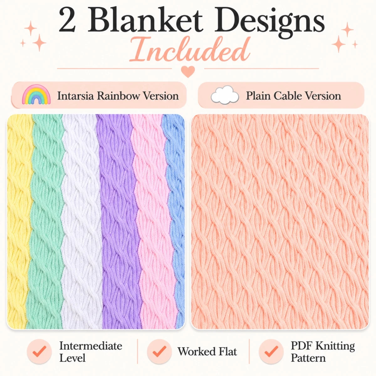 Rainbow Waves baby blanket knitting pattern showing the one-colour and pastel Intarsia designs included