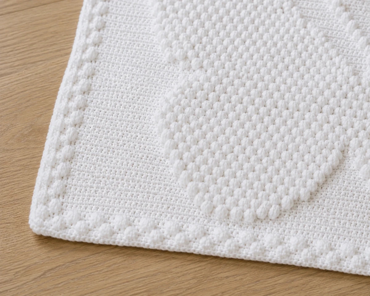 Close-up of the free small butterfly crochet blanket showing bobble stitch texture and border detail