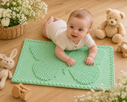 Baby enjoying tummy time on a mint small butterfly crochet blanket with bobble stitch butterfly design